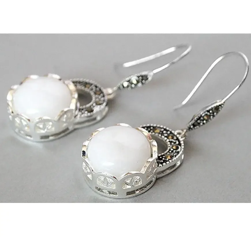 

pretty lady's 925 Silver White Shell Marcasite Earrings 1.8"