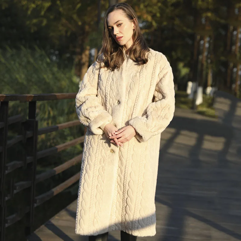 Zimowy Długi Vintage Elegancki Luksusowy Szykowny Gruby Ciepły Miękki Brązowy Skręty Tkactwo Faux Mink Fur Coat Kobiety V Szyja Futrzany Płaszcz