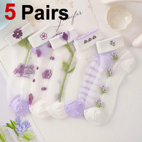 5 Pairs Women Flower Patterned Short Sock Fashionable Purple Flower Thin Breathable Sweat Absorbing Soft Comfortable Casual Sock