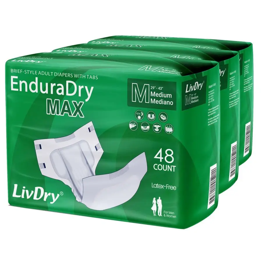 EnduraDry Max Adult Diapers with Tabs, Up to 12Hours, Super Absorbent Incontinence Underwear, Leak Protection Briefs, Medium, 48