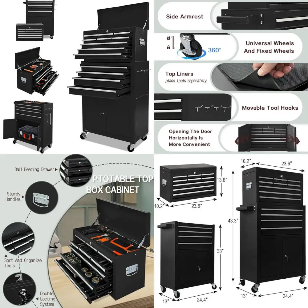 ตู้เครื่องมือแบบมีล้อเลื่อน 13 ลิ้นชัก 2 ประตู พร้อมล้อถอดได้และพื้นที่จัดเก็บขนาดใหญ่