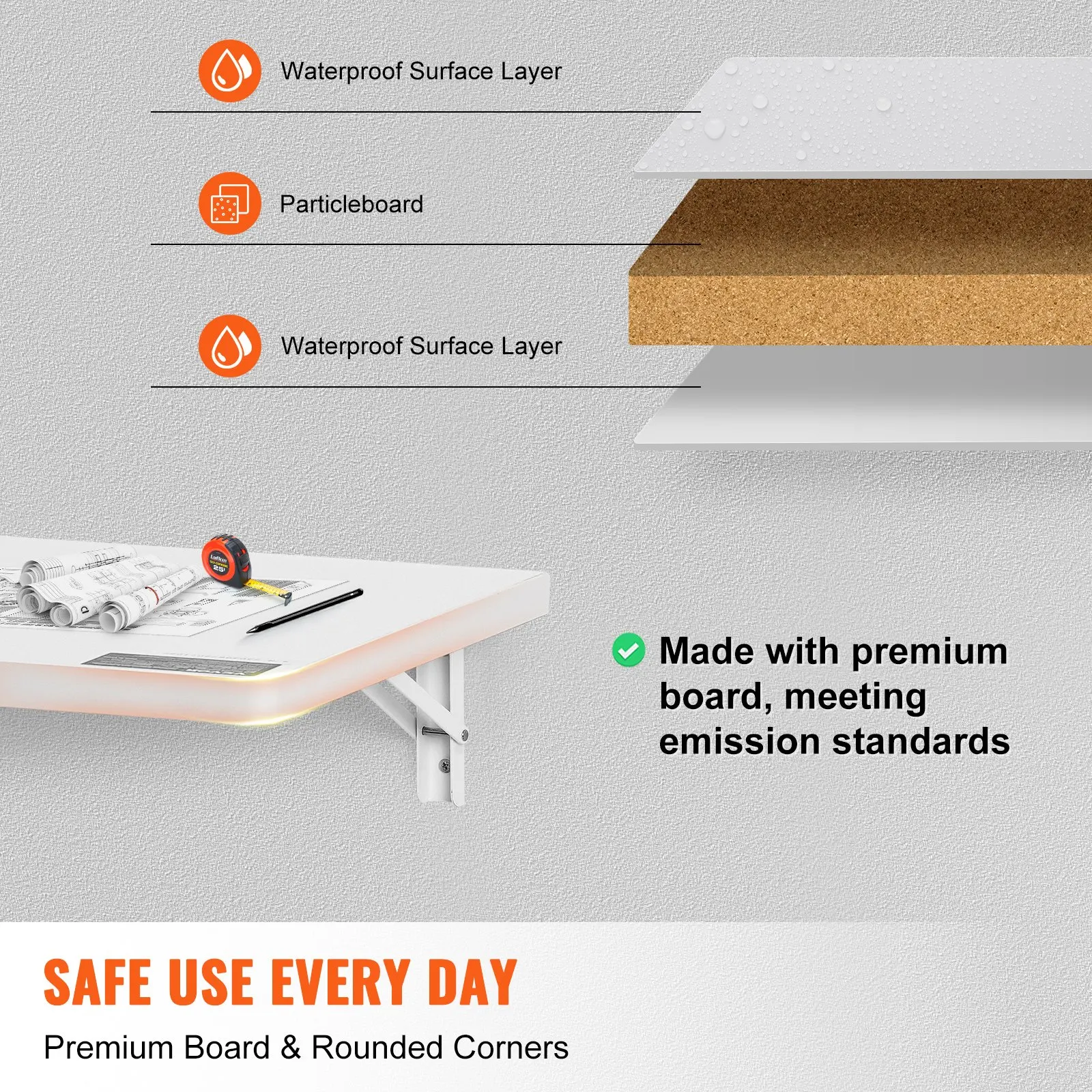 VEVOR Wall Mounted Folding Table Wall Mount Drop Leaf Table, Floating Desk with Iron Bracket, Wall Desk Fold Down