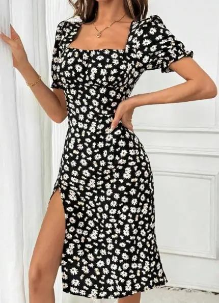 

Women Dresses 2026 New Spring Summer Fashion Floral Print Square Neck Short Sleeve Slim Fit Vacation Casual Midi Dress