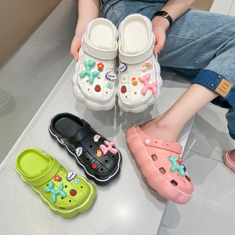 Rubber Slippers Flat Shoes Female Cover Toe Slides Summer Clogs Woman Soft Beach Fabric Concise PU Casual Fretwork Basic