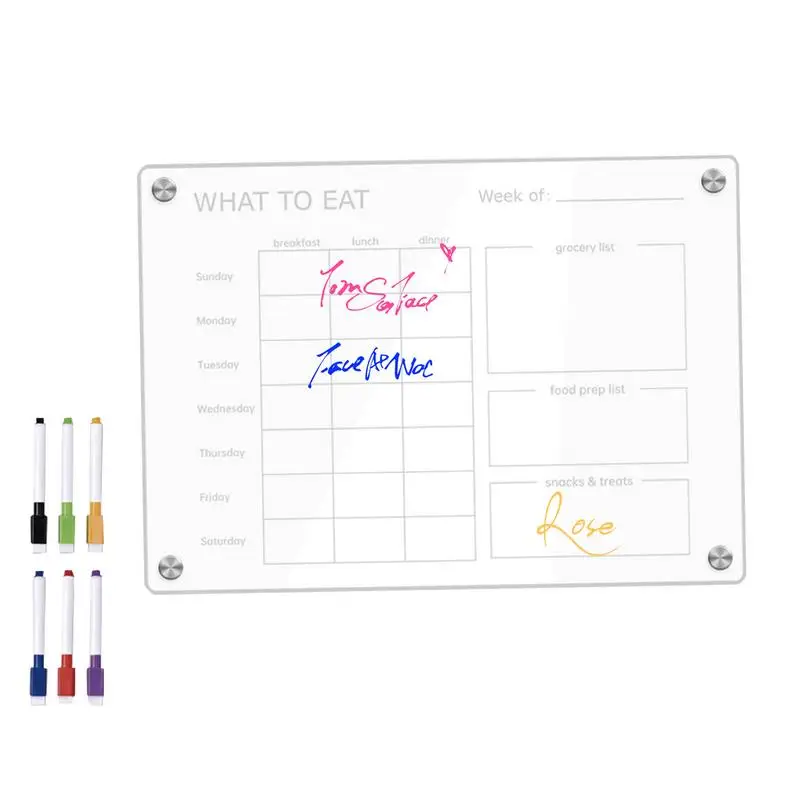 Meal Planner For Fridge Weekly Meal Prep Planner Clear Acrylic 6 Colorful Pens Erasable Fridge Notepad With Magnet Grocery List