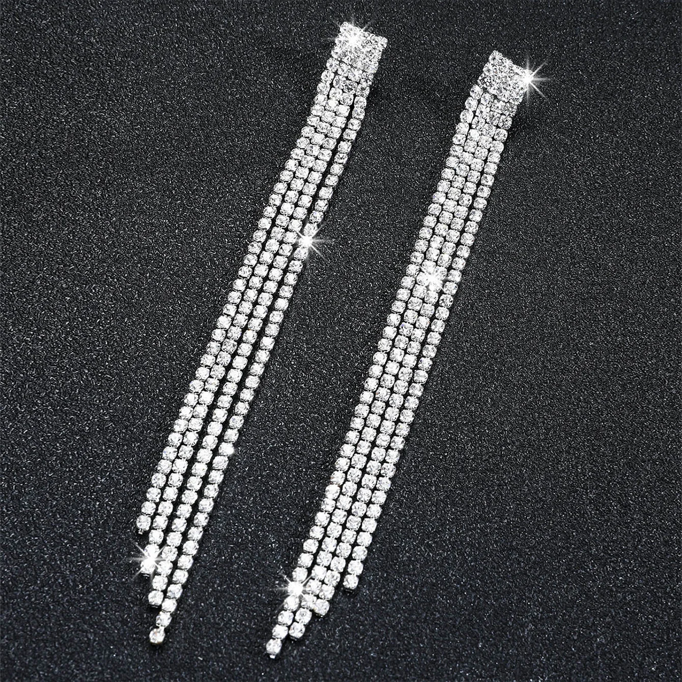 TREAZY Shiny 4 Lines  Rhinestone Crystal Tassel Long Earrings for Women Wedding Party Hanging Dangle Earrings Bridal Brincos