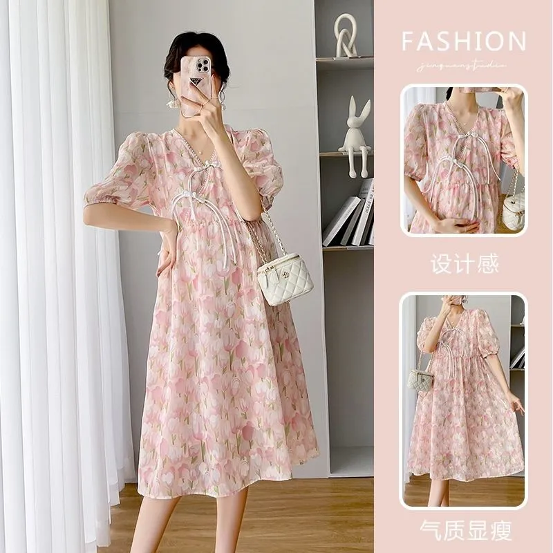 2023 Pregnant Women's Summer Dress New Chinese Chiffon Diagonal Collar Plate Button Dress Fashion Printed Maternity Dress LE982