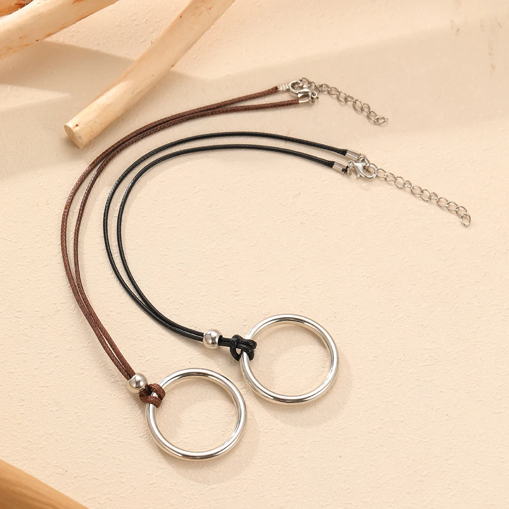 Bohemian Simple Alloy Exaggerated Hollow Circle Pendant Necklaces for Women Hand-woven Leather Cord Beach Vacation Party Jewelry