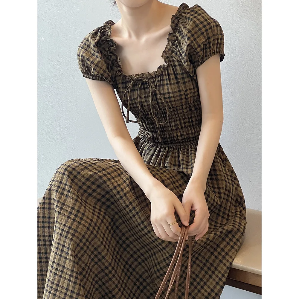 Women Clothing Korean Style Plaid Dress 2024 Summer Fashionable New Design Sense Short Sleeve Casual Simple Women Elegance Dress