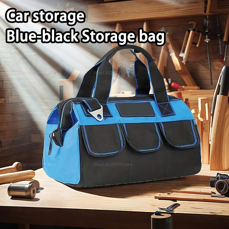 1pc Canvas Tool Bag - Multi-Pocket Organizer for Electricians/Workshop | Reinforced Handles & Shoulder Strap, Black & Navy