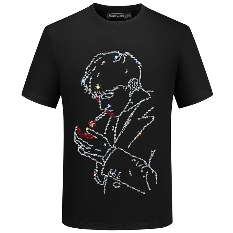 

Plus Size Character Diamonds T Shirts Men Fashion Streetwear O Neck Short Sleeve Slim Mercerized Cotton Tshirts Mens Clothing