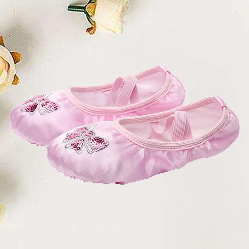 Satin Ballet Shoes for Kids Girls with Embroidery Pattern Stretch Belt Non Slip Suede Split Sole Dance Yoga Gymnastics Training