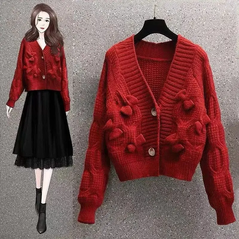 Autumn Winter Thin Sweet Ladies Solid Color Tops 2023 New Women\'s Clothing Buttons V-neck Knitwear Cardigan Elegant Sweaters