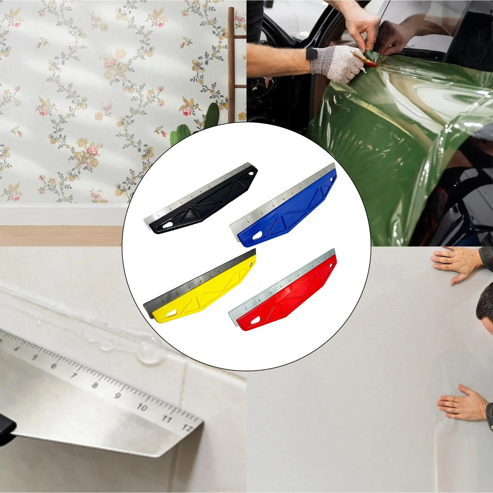 Wallpaper Squeegee with Measuring Scale Durable Metal Plastic Ergonomic for 3d Wallpaper Self Adhesive and Wall Decals