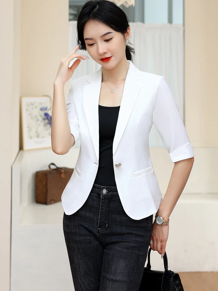 

Белый повседневный тонкий летний пиджак для женщин, однотонный, универсальный, деловой, с пуговицами, приталенный, средней длины рукава