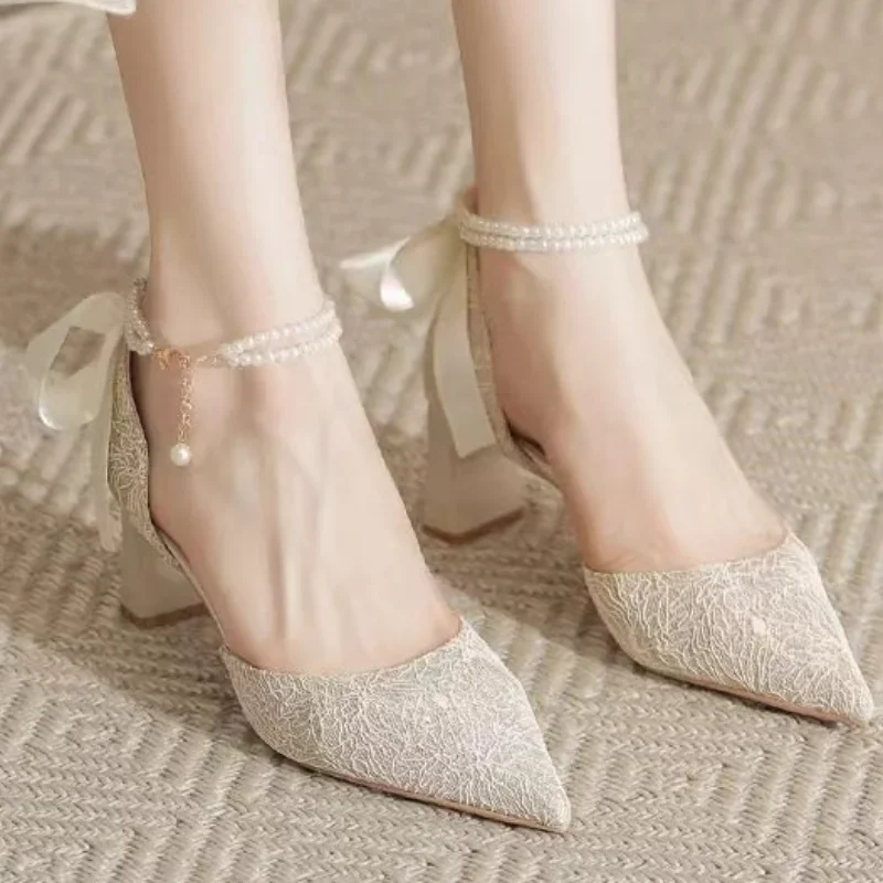 New Summer 2024 Versatile Women's Pearl High Heels Thick Heels Princess Bow High Heel Sandals Party Wedding Shoes Large Size