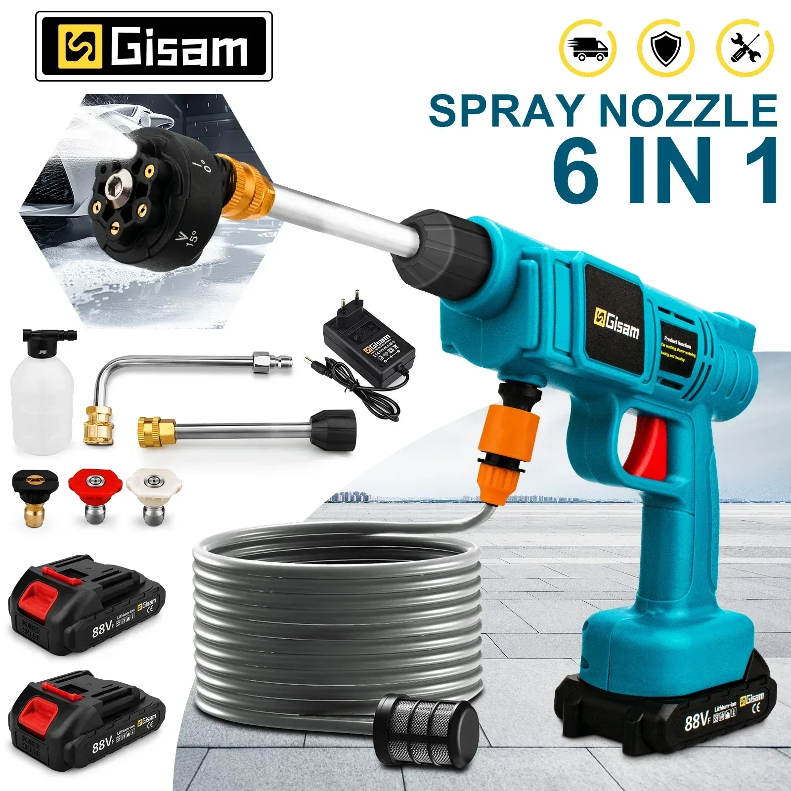 Gisam 30BAR Electric High Pressure Washer 6 IN 1 Electric Garden Washing Water Car Wash Spray Cleaner Gun for Makita 18V Battery