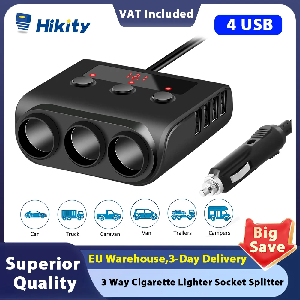 Hikity Universal 3 in 1 Car Charger Adapter 3 Socket Cigarette Lighter Splitter Charge 12V 24V 4 USB Plug Multi Charger Adapter