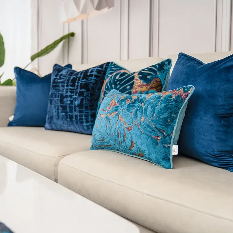 Luxury Blue Velvet Cushion Cover High-end Geometry Decorative Pillow Cover for Sofa Livingroom Pillowcase 30x50 45x45 50x50CM