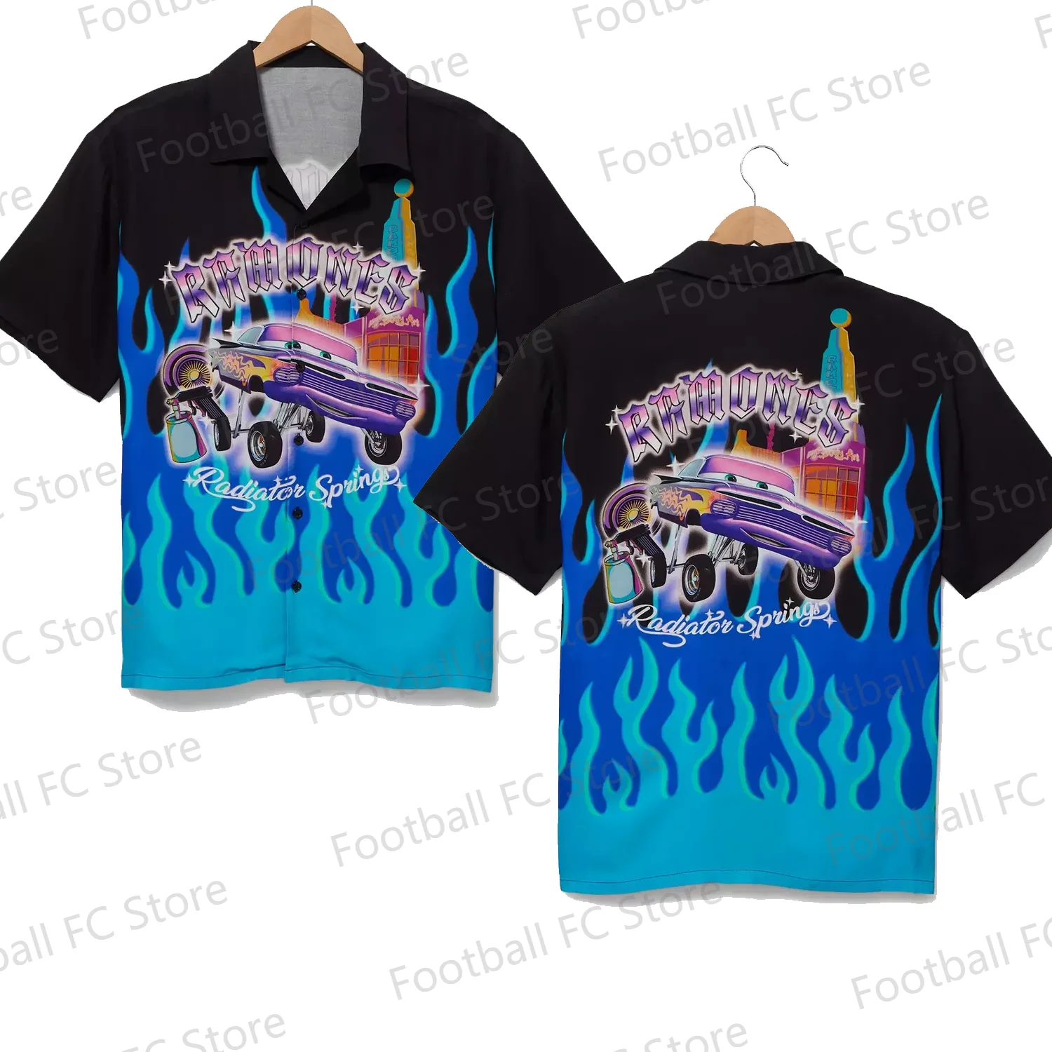 2024 New Summer Swimsuit Seaside Disney Pixar Cars Ramone Flame Woven Button-Up Shirt