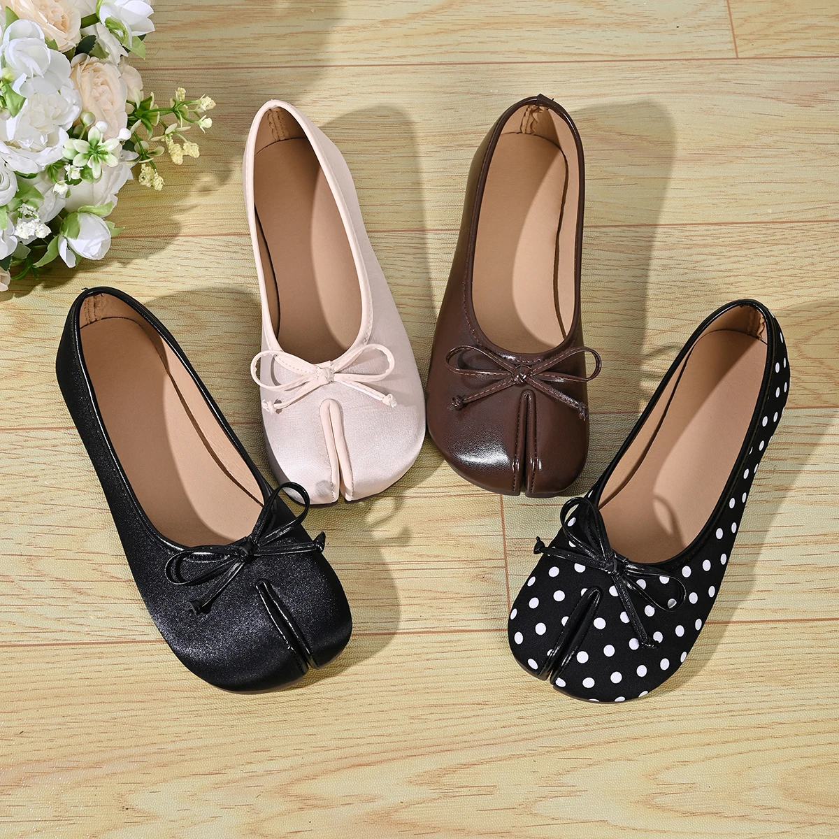 Zapatos Planos de Ballet Tabi con Punta Dividida Suave para Mujer, con Lazo, de Cuero, Puntera Redonda, Bailarinas de Tacón Bajo, Mocasines Casuales sin Cordones 2026