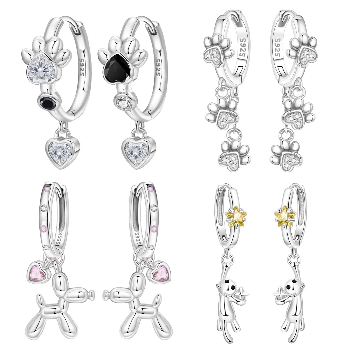 Orstarry S925 Sterling Silver Earrings Cute Pet Balloon Dog Cat Tassel Paw Print Earrings For Women Birthday Gift Silver Jewelry