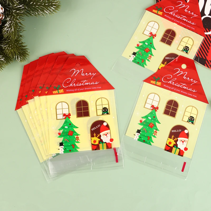 50Pcs Christmas Santa Claus House Shape Candy Gift Bags DIY Cookie Packaging Bag Merry Christmas Party Decoration