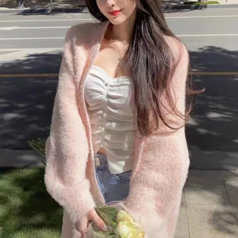 Fluffy Long Cardigan Women Winter Elegant Korean Solid Coat Sweet Long Sleeve Loose Office Lady Midi Knitted Sweater Outwear