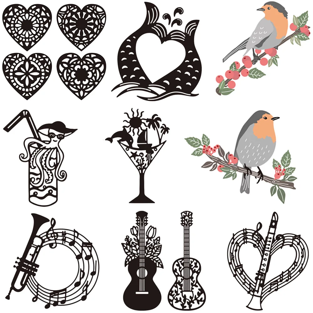 Musik instrument Gitarren schneiden stirbt Getränke Tassen Herz Meerjungfrau Vögel gestanzt für DIY Scrapbooking-Karte machen Handwerk Schimmel neu