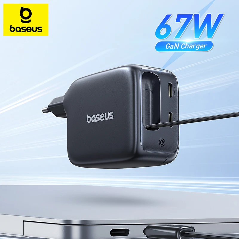 Baseus 67W GaN Charger Travel Charger With USB C Retractable Cable Fast Charger For Smartphones Laptop