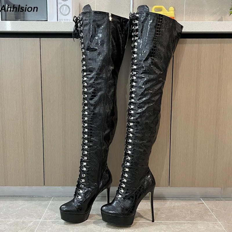 

Ahhlsion Handmade Women Winter Thigh Boots Side Zipper Stiletto Heels Round Toe Black Crocodile Party Shoes Ladies US Size 5-20