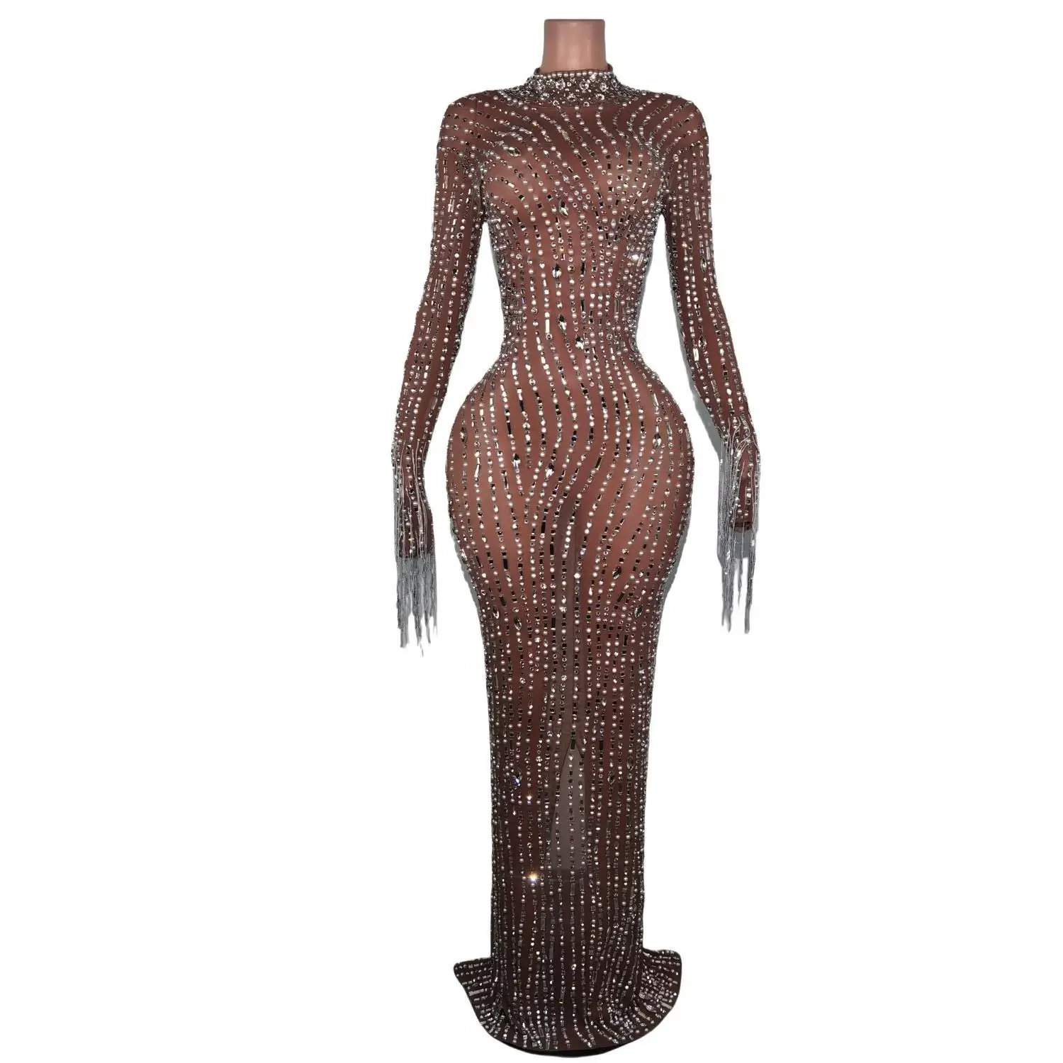 2024 Silver Rhinestones Spandex Dress Women Birthday Celebrate Outfit Singer Clothing Bar Prom Lady Stage Performance Long Dress