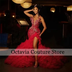 Red V N Luxury Long Prom Dresses Black Girl Bead Crystal Appliques Birthday Party Dress Ruffle Formal Gown With Split Customized