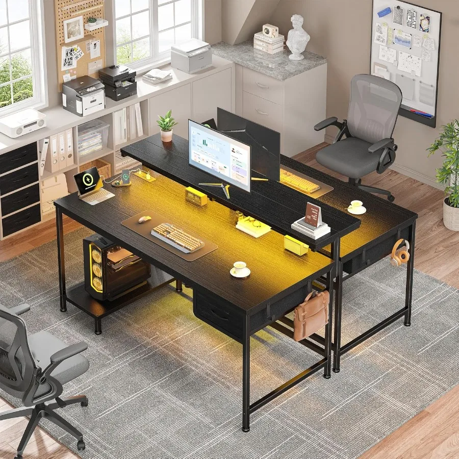 47.2 Adjustable Height Gaming Desk with Builtin Power Outlet and Ambient LED Lighting Compact Computer Desk Featuring Dual Moni