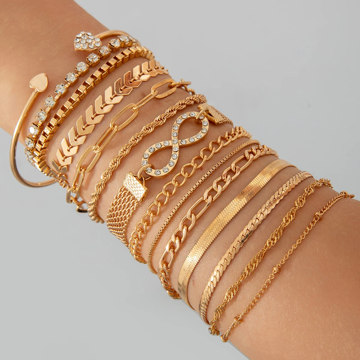 Docona Luxury Metal Multi-Layered Bracelet Set Heart Shape Infinity Symbol Rhinestone Snake Bone Chain Women's Party Jewelry