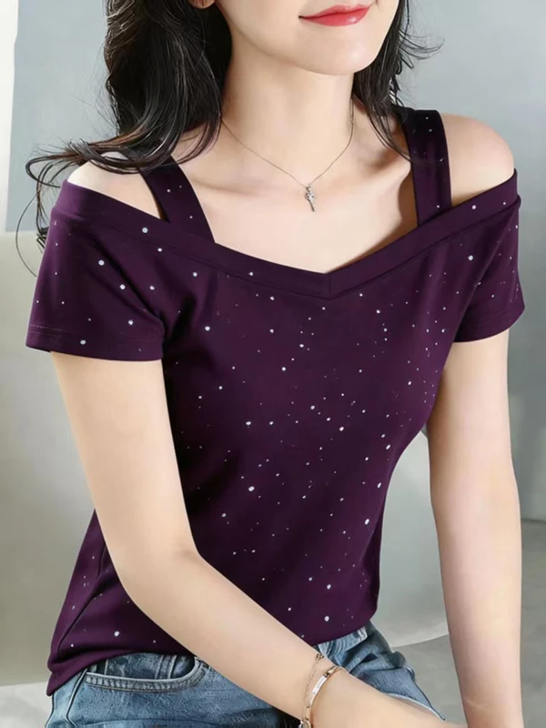 Shiny Sequin V-Neck Short Sleeve Loose Fit Shoulder Bared T-Shirt Korean Style plus Size Women's Summer Top Skin-Friendly Bre...