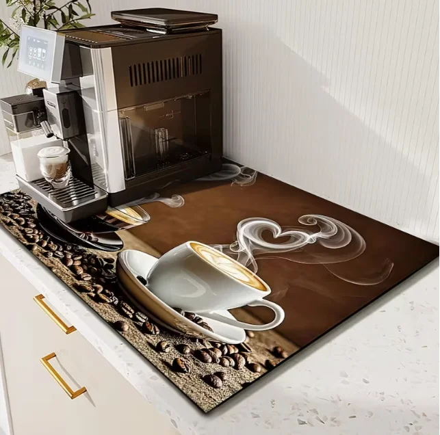 

1 шт., коврик для сушки посуды с кофейной тематикой, клейкий коврик для кухонной стойки с чашками для приготовления на пару, дизайн кофейных зерен, домашний декоративный коврик