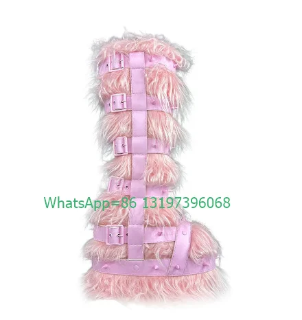 Lady Pink Fur Design Buckle Strap Knee Boots Elegant Pink Mary Janes Footwear Size 3546 Spike Fur Winter Buckle Strap Y2K Boots