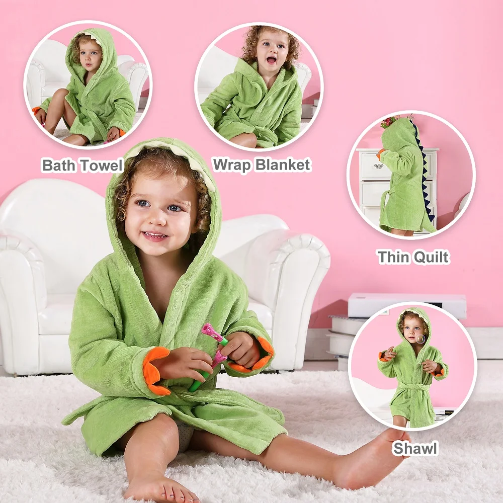 MICHLEY Animals Dinosaur Hooded Baby Bathrobe Cotton Soft Infant Bath Towel Robe Pajamas For Kids Boy Girl Children Winter 1-5T