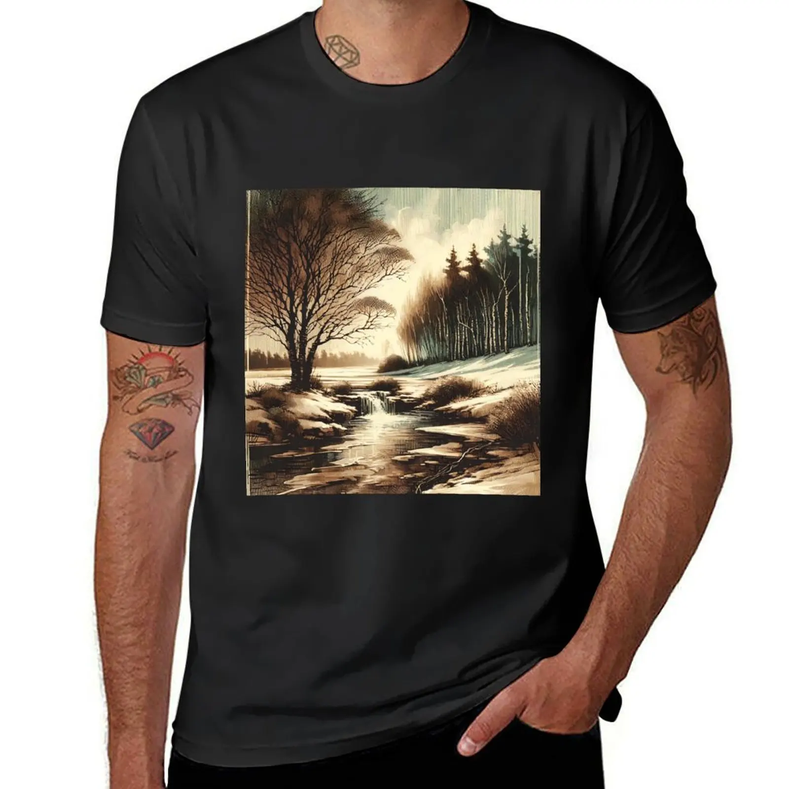 Whispering Winter by the Snowy Creek T-Shirt sweat tops mens cotton t shirts