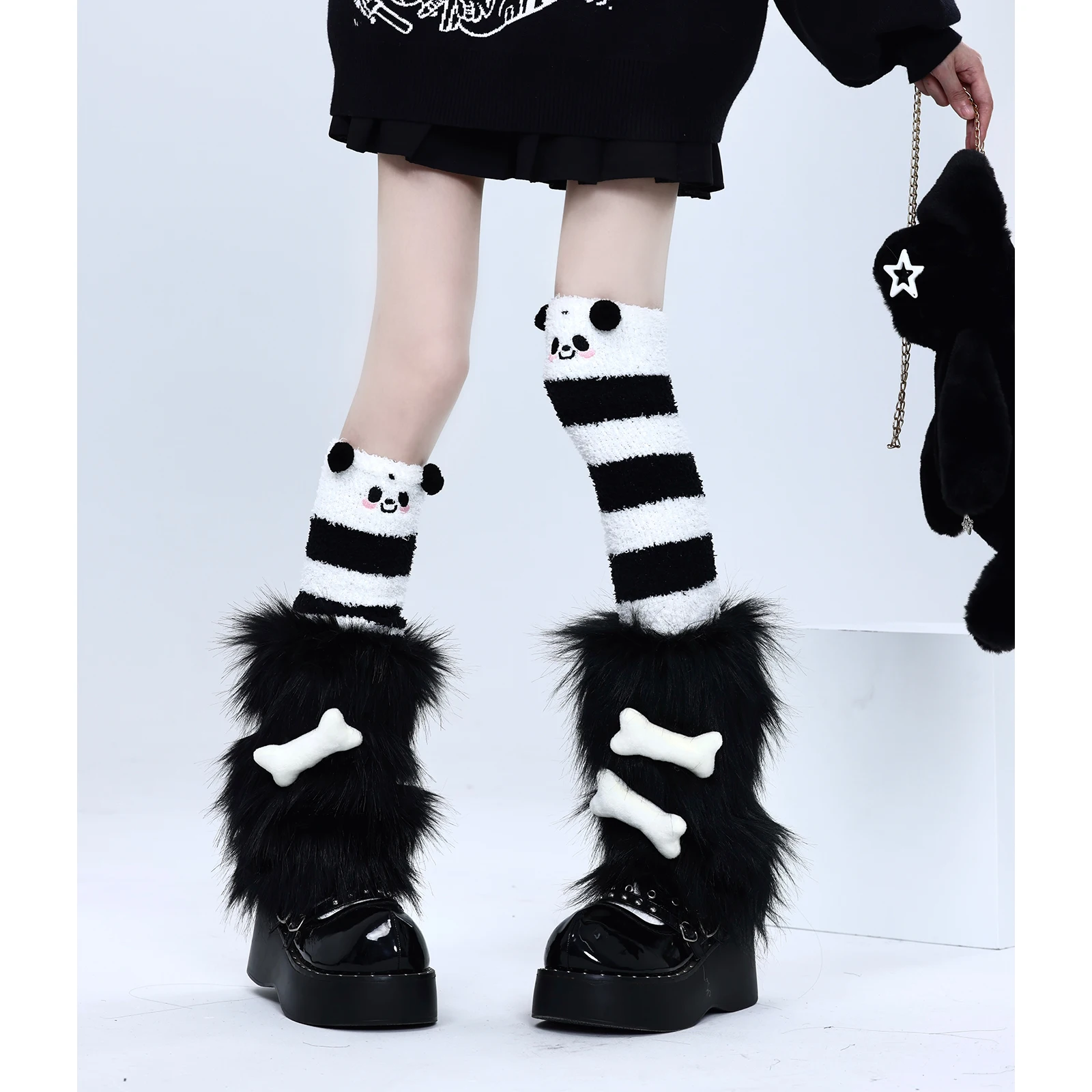 Tube Socks Women's Striped Stitching Black Leg Cartoon Bone Element Bandage Panda Thickened Warm Knee Socks Fashion All-Match1Pc