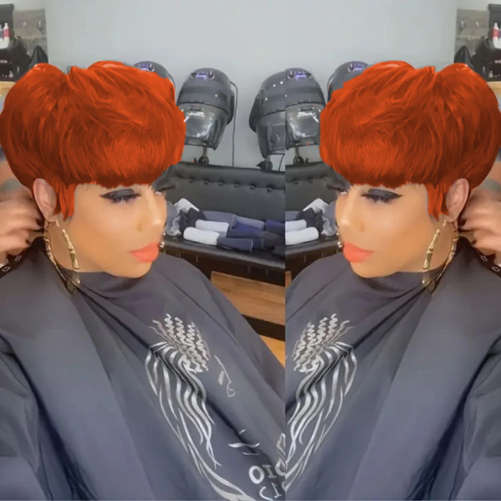 350 # 99J/1Bカラーのピクシーカットストレート人毛ウィッグ、女性用フルマシンメイドウィッグ、ショートレイヤードストレートウィッグ（前髪付き）