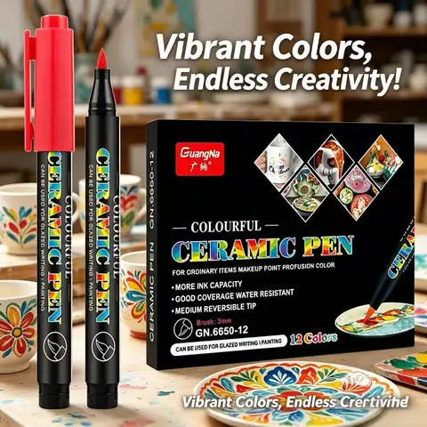 GuangNa 12/24 Colors High Temperature Oven Baked Ceramic Marker Pen Set,Brush Tip Acrylic Paint Pens for Rock,Stone,Wood