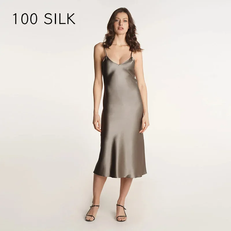 100% Silk V-neck Midi Dress Women Sleeveless Sling Dresses Summer Female Sexy Fishtail Dress Camisole Homewear Slip Nightdress