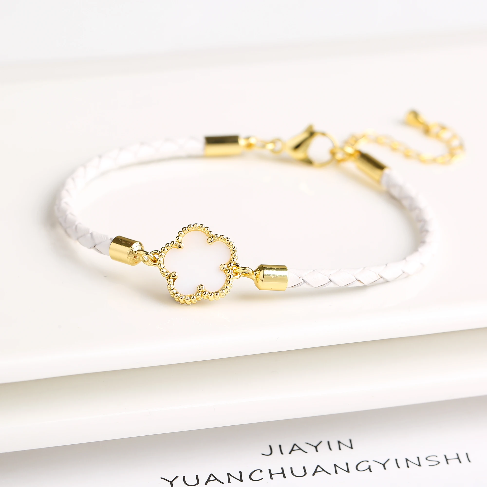 Classic Genuine Leather Woven Natural Stone Flower Charm Bracelet