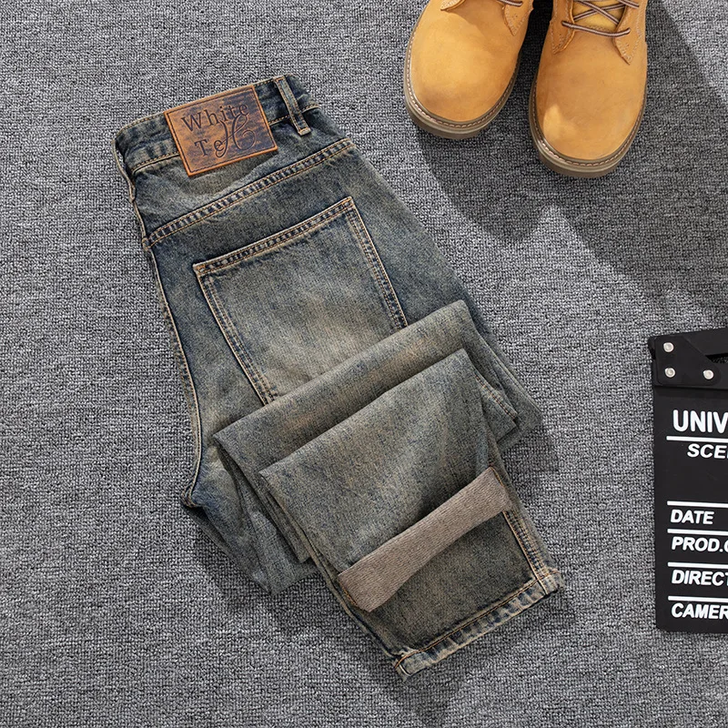

Street fashion brand American nostalgic loose straight leg jeans for men, retro washed denim pants made of vintage denim