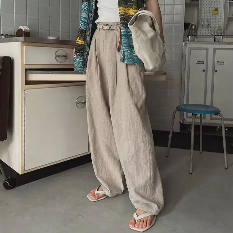 

Men's Linen Straight-Leg Casual Pants: Summer Relaxed-Fit Wide-Leg Pants for Commuting, with a Flowing Drape and Floor-Length He