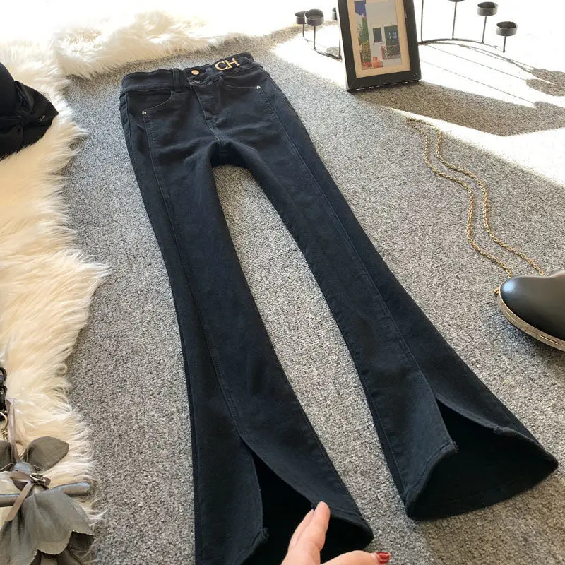 Black Jeans Women 2023 Spring Small New Fried Street Slim Elastic High Waist Slim Slit Micro Cropped Pants jeans woman