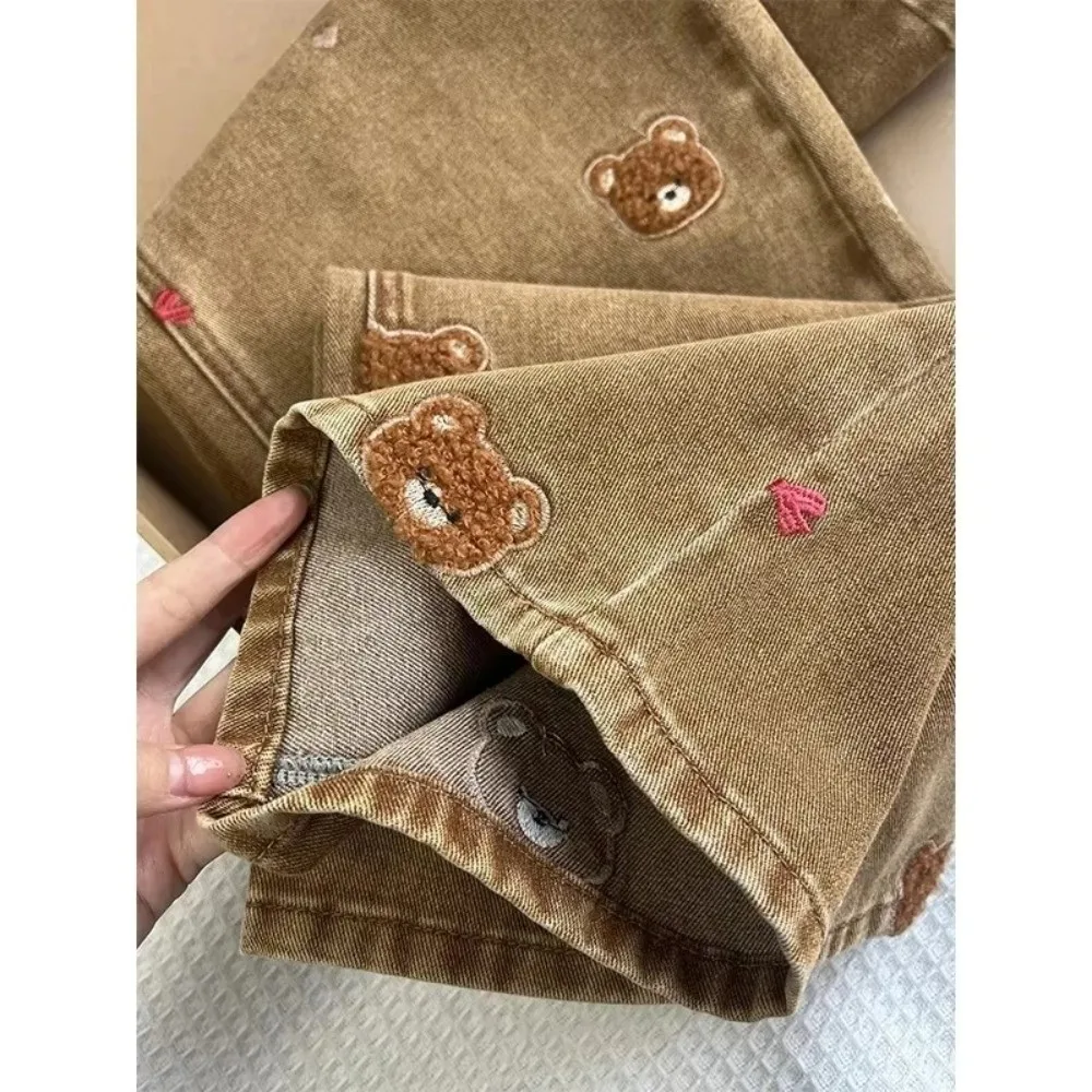 Damskie jeansy z wysokim stanem, szerokimi nogawkami, haftem z misiem z koronką, luźne spodnie, uniwersalne jeansy codzienne dla dziewczyn.