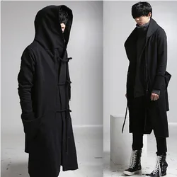 Winter Men Linen Rope Button Hip Hop Long Hoodie Gothic Hooded Cloak Nightclub DJ Singer Punk Rock Stage Costume Fleece Hoodies